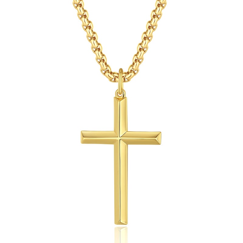 FANCIME Cross Necklace for Men Women Gold Cross Necklaces Sterling Silver Cross Pendant High Polished Large Big Beveled Edge Long Fine Jewelry Gifts For Boys,Stainless Steel Box Chain Length 24 Inch - Image 1